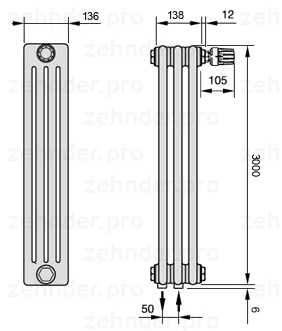 Схема (чертеж) Радиатор Zehnder Charleston 4300/3 №V008 Белый глянцевый RAL 9016